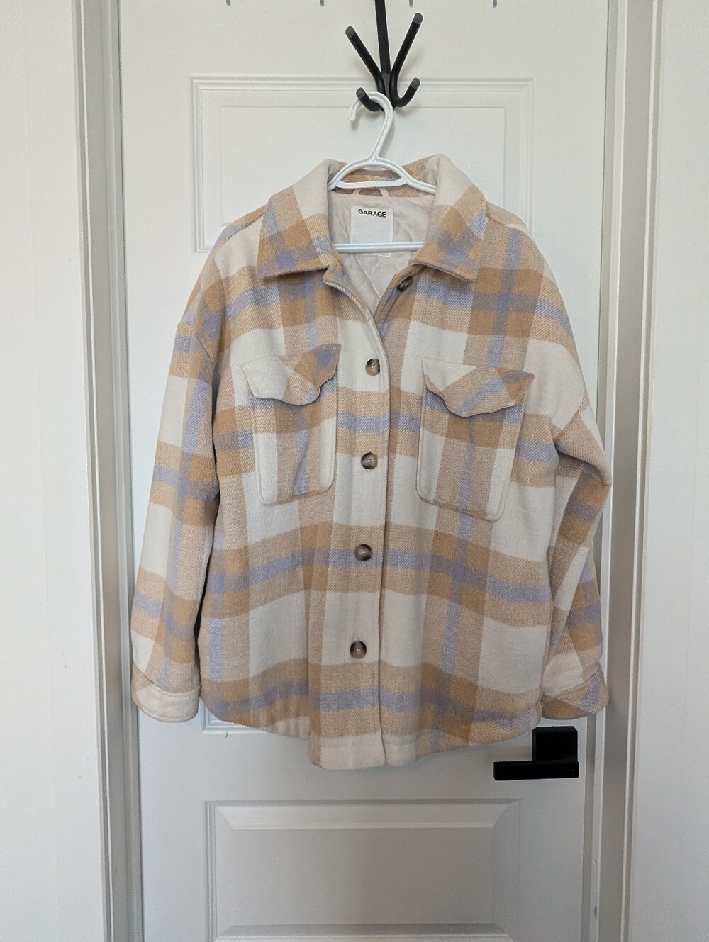 Garage Cream, Tan & Light Blue Plaid Utility Shacket